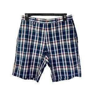 Mountain Khakis Mulligan Shorts Mens 34x10 Blue Plaid Classic Fit Stretch Casual